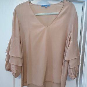 Like new: Pink, silk Antonio Melani shirt with ruffled sleeves.